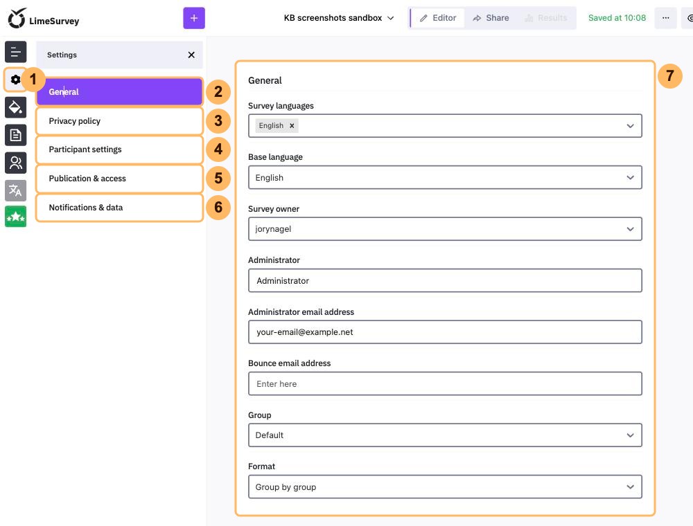 The Settings panel of the editor with seven areas numbered 1 to 7, the gear icon, the five settings pages and the open page