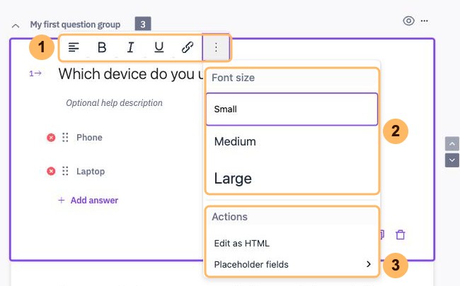 The text toolbar over a question with three areas numbered 1 to 3, the toolbar, the font sizes and the actions