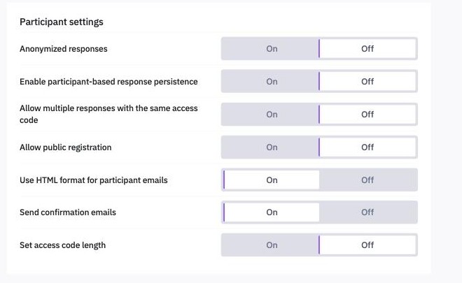 The Participant settings page with its seven switches