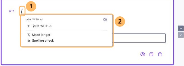 The Ask with AI menu under a new question, opened by typing a slash, numbered 1 and 2