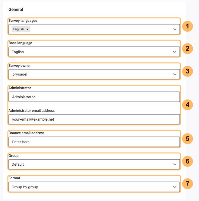 The General page of the survey settings with seven fields numbered 1 to 7
