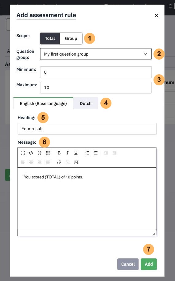 The Add assessment rule window with seven areas numbered 1 to 7