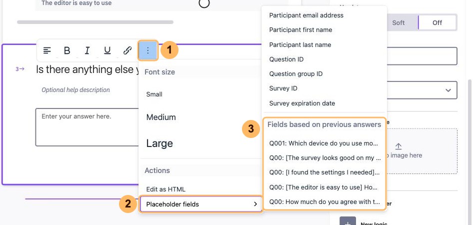The Placeholder fields menu with three areas numbered 1 to 3, the more button of the text toolbar, Placeholder fields and the previous answers