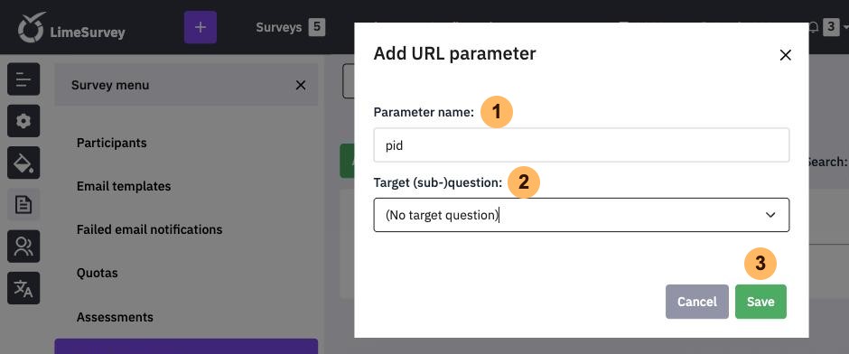 The Add URL parameter window with three areas numbered 1 to 3, Parameter name, Target question and Save