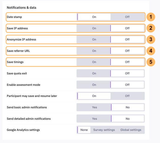 The Notifications and data page with the five recording switches numbered 1 to 5