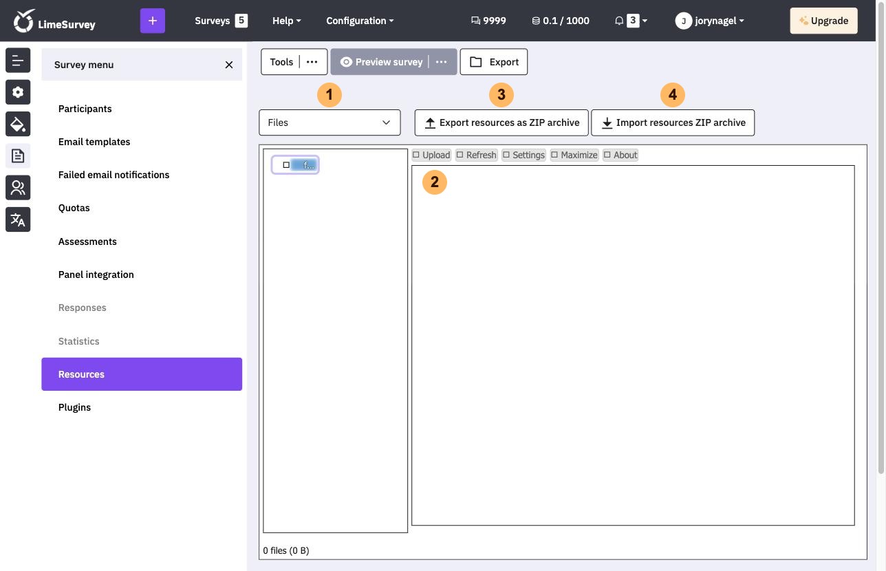 The Resources page with four areas numbered 1 to 4, the folder list, Upload, Export resources as ZIP archive and Import resources ZIP archive