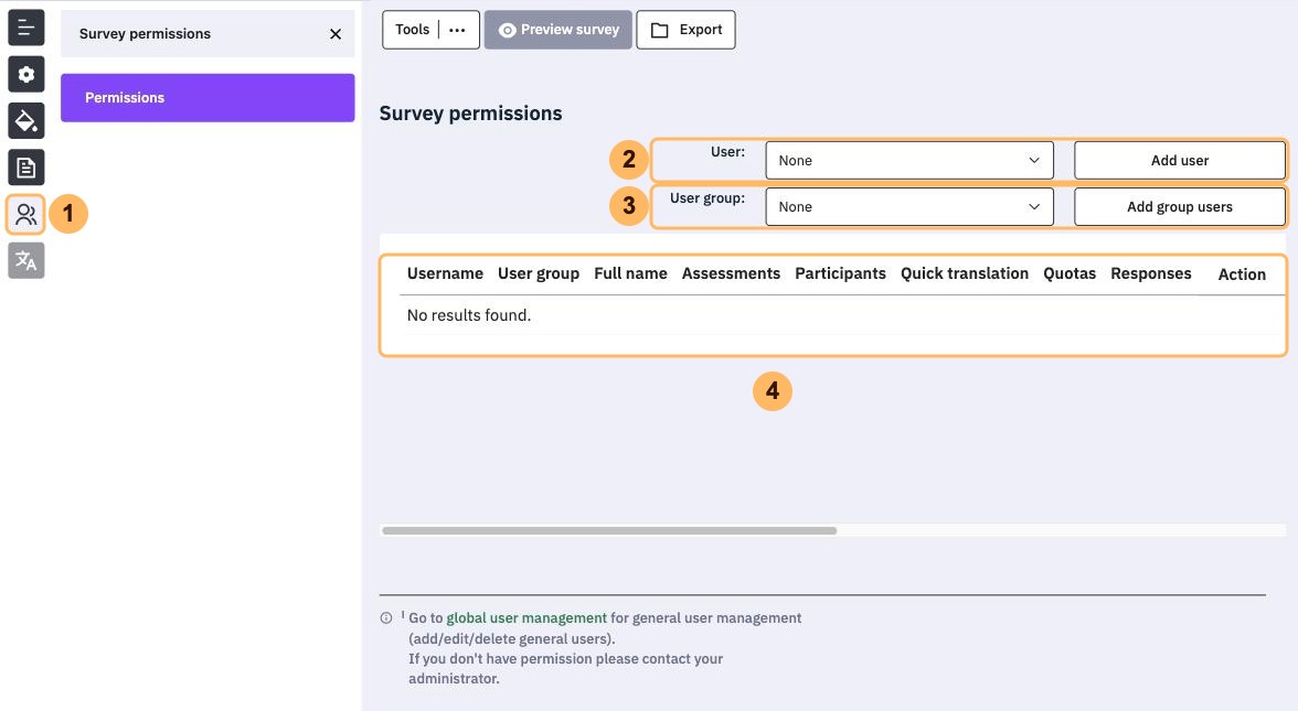 The Survey permissions page with four areas numbered 1 to 4, the users icon, User with Add user, User group with Add group users and the permissions table