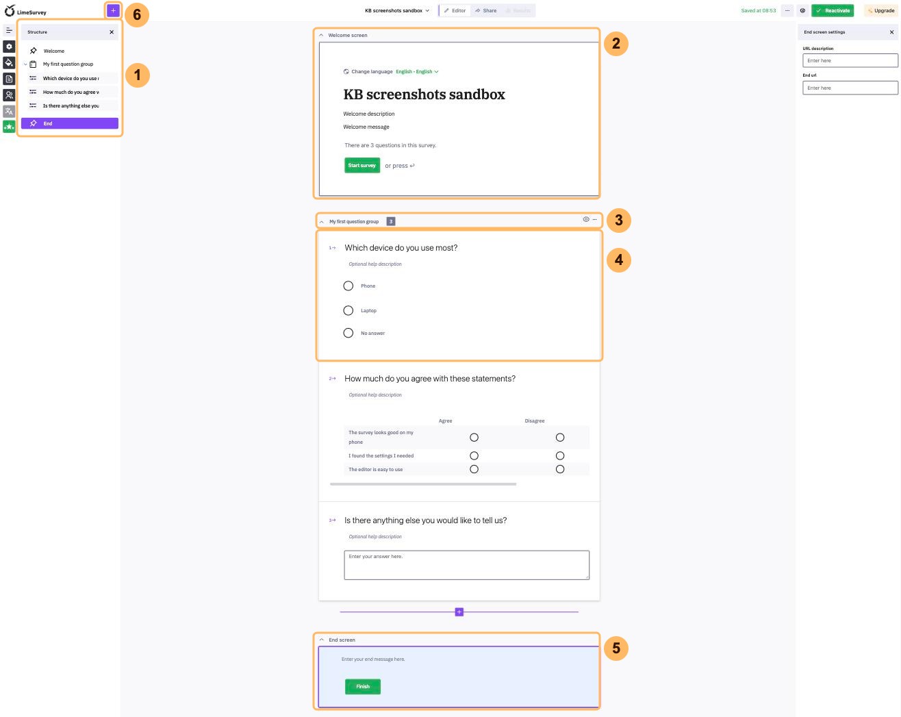 The whole editor page with six areas numbered 1 to 6, the Structure panel, the welcome screen, a question group, a question, the end screen at the bottom and the purple plus