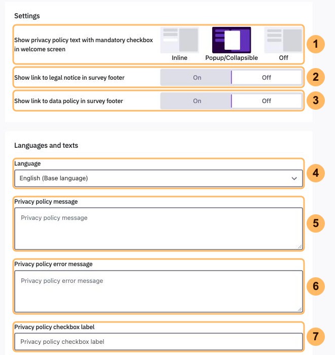The Privacy policy page of the survey settings with seven areas numbered 1 to 7