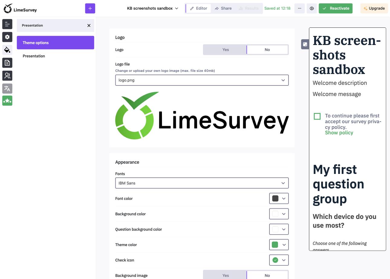 The Theme options page of the Presentation panel with the logo and appearance settings and a preview of the survey on the right