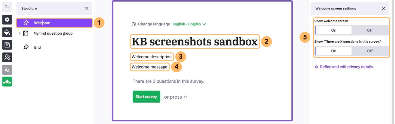 The welcome screen with five areas numbered 1 to 5, Welcome in the Structure panel, the survey title, the welcome description, the welcome message and the Welcome screen settings