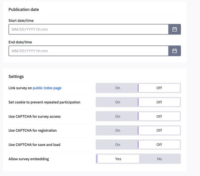 The Publication and access page with the start and end date and six switches