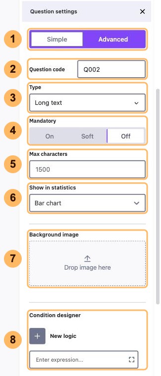 The Question settings panel in the Simple view with eight areas numbered 1 to 8