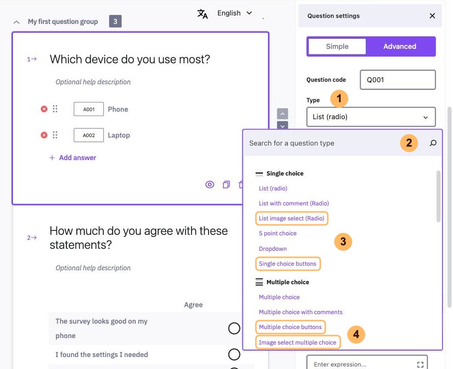 The list of question types opened from Type, with four areas numbered 1 to 4