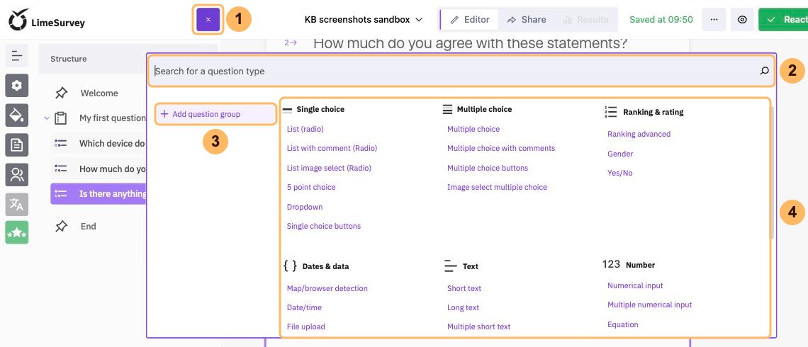 The question type picker with four areas numbered 1 to 4, the purple plus, the search field, Add question group and the question types