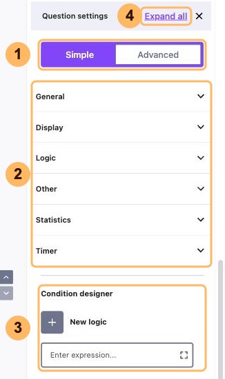 The Question settings panel in the Advanced view numbered 1 to 4, the view switch, the sections, the Condition designer and Expand all