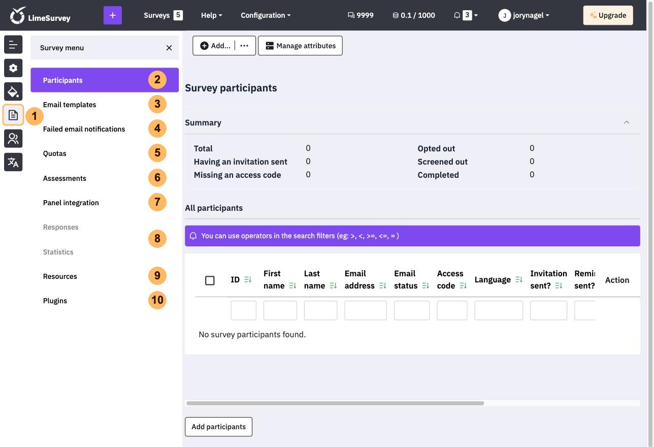 The survey menu with ten areas numbered 1 to 10, the document icon in the left toolbar and the pages of the menu