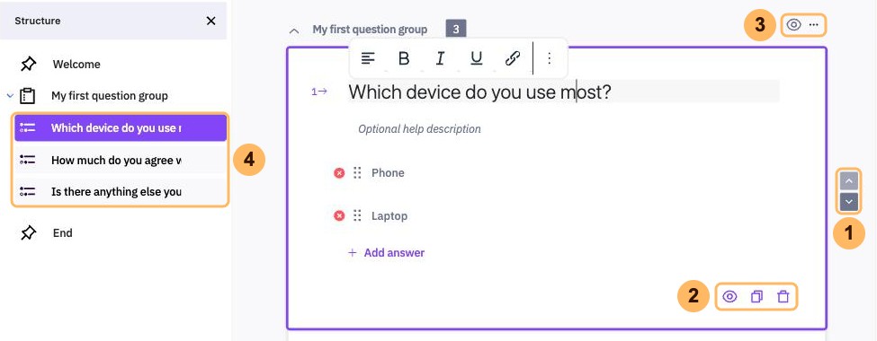 A selected question with four controls numbered 1 to 4, the up and down arrows, the preview, copy and delete icons, the group icons and the questions in the Structure panel