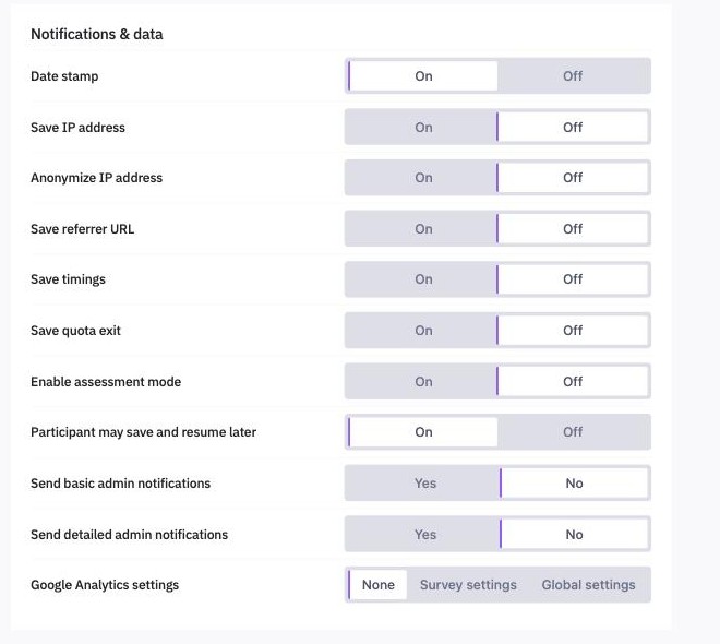 The Notifications and data page with its switches