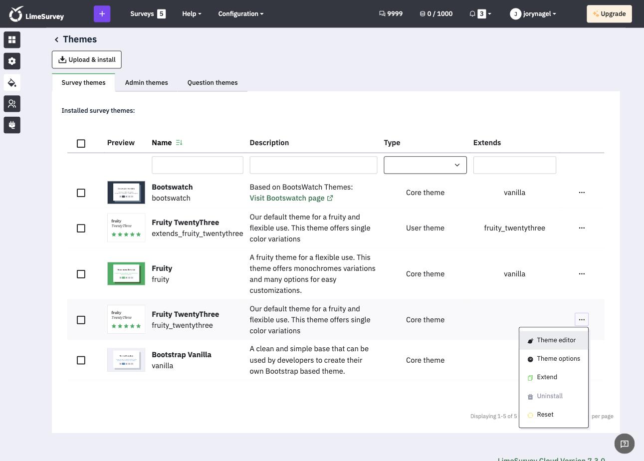 The Themes page with the Survey themes tab and the menu of a theme open, with Theme editor, Theme options, Extend, Uninstall and Reset
