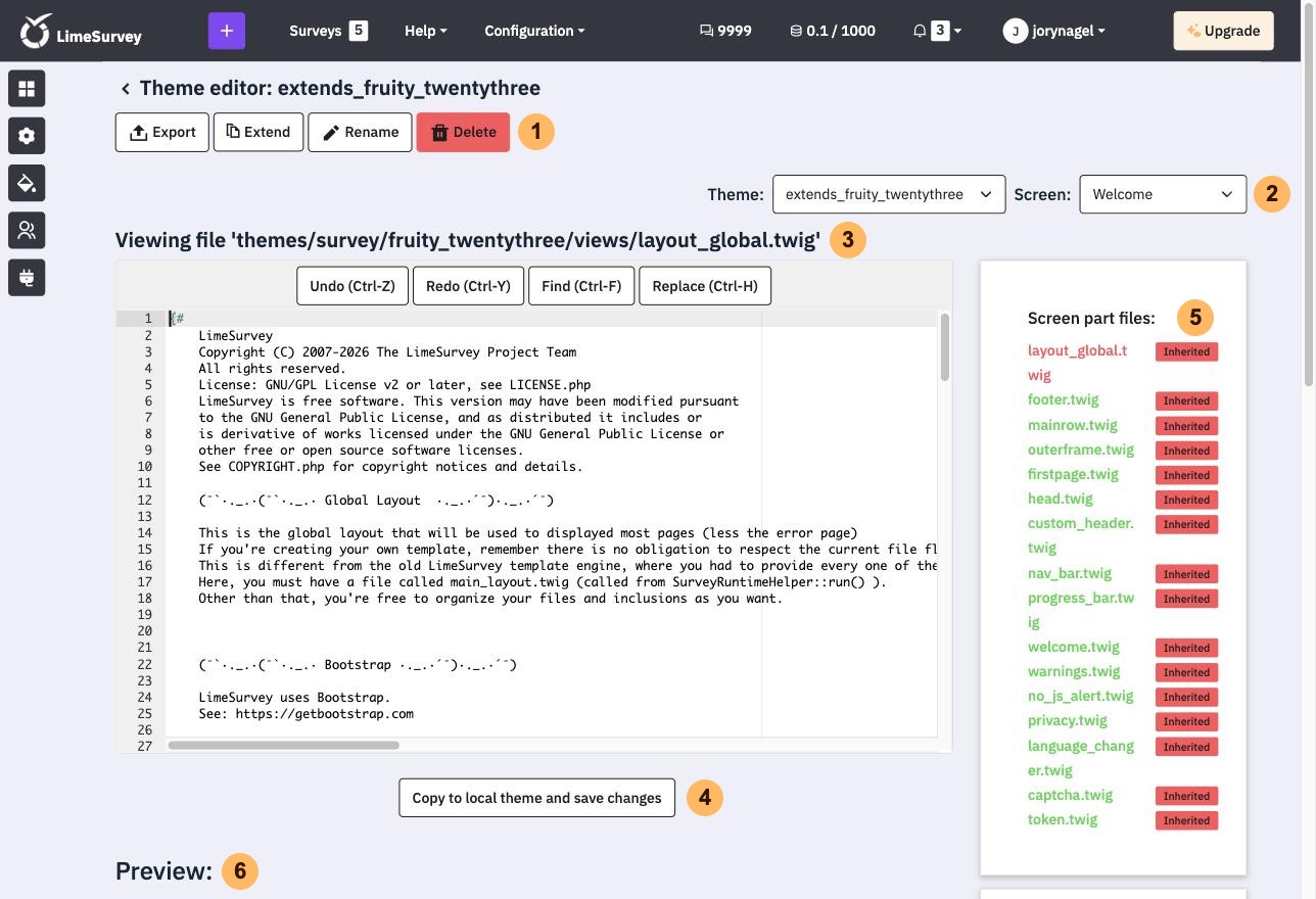 The theme editor with six areas numbered 1 to 6