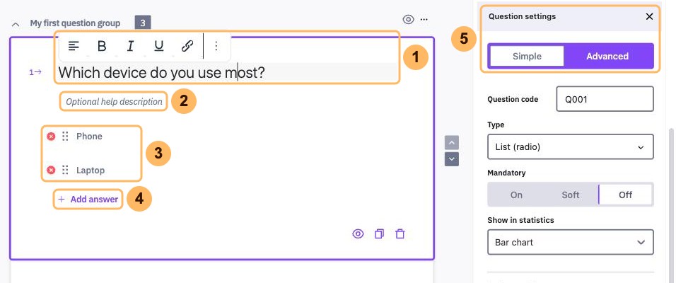 A selected question with five areas numbered 1 to 5, the question text with its toolbar, the help description, the answer options, Add answer and the Question settings panel