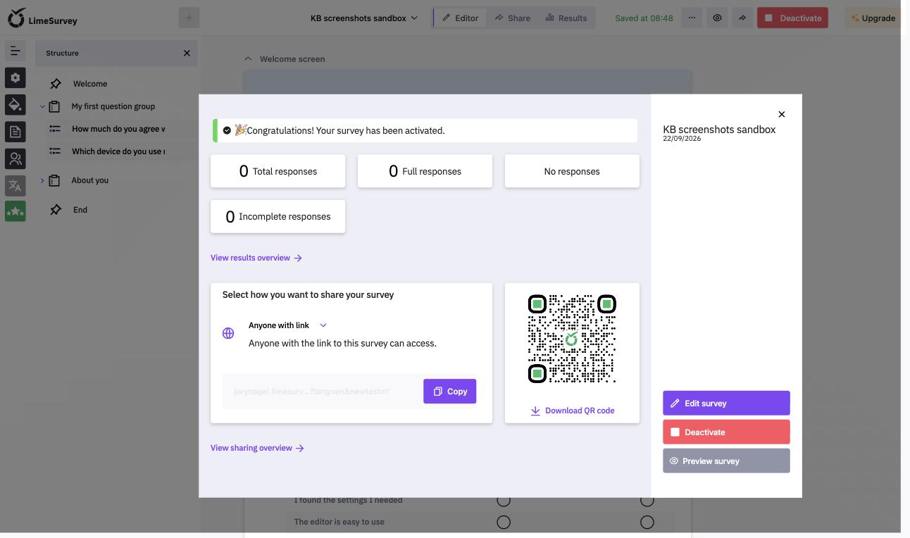 The confirmation panel after activating a survey, with response counters, the survey link, the QR code and the buttons Edit survey, Deactivate and Preview survey
