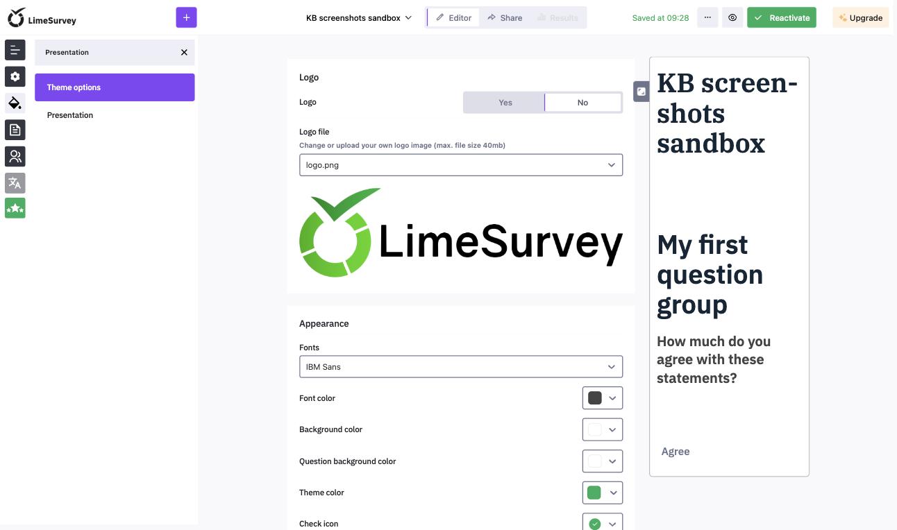 The Theme options page in the editor with the Logo and Appearance sections and the live preview on the right