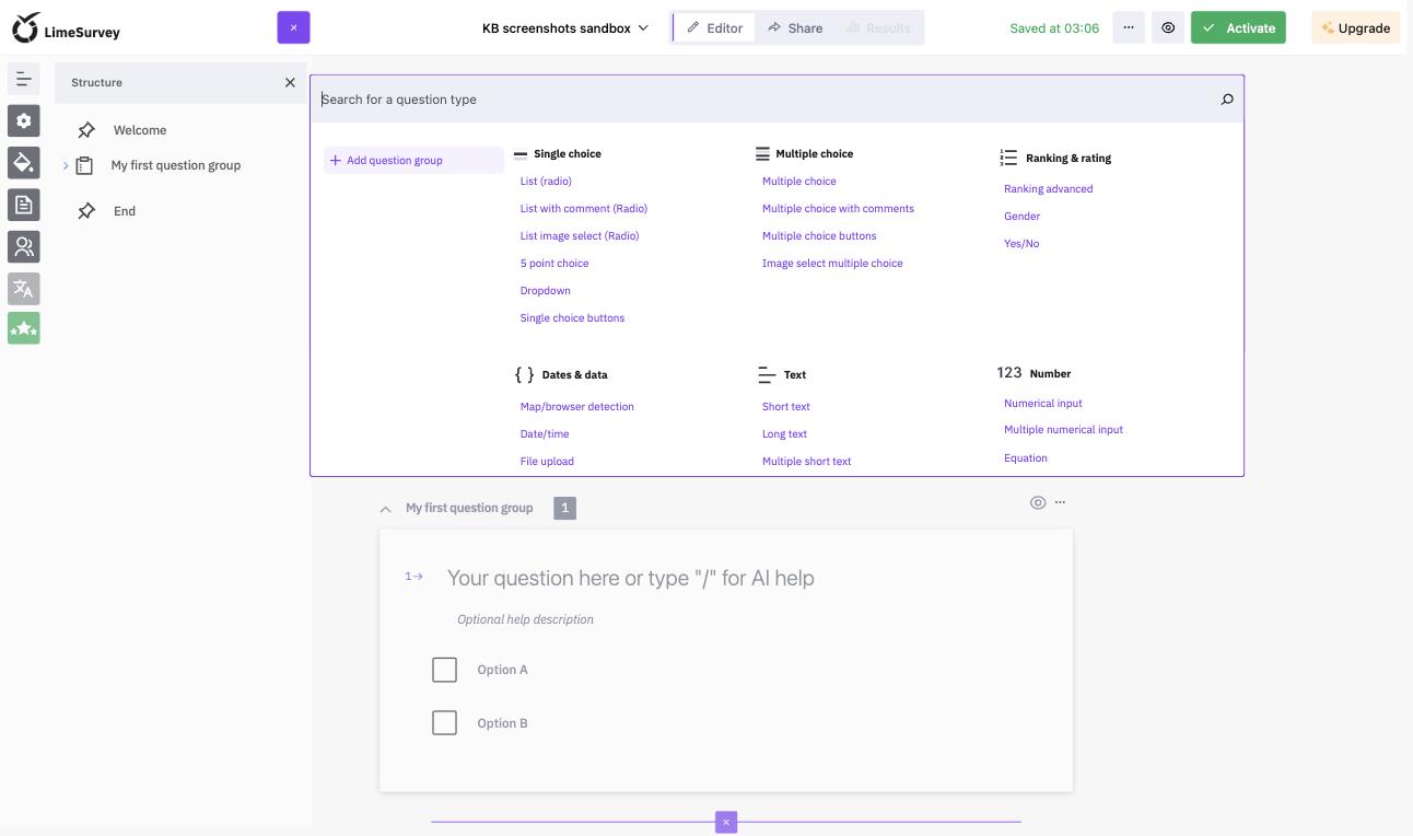 The question type picker with its search box and the categories Single choice, Multiple choice, Ranking & rating, Dates & data, Text and Number