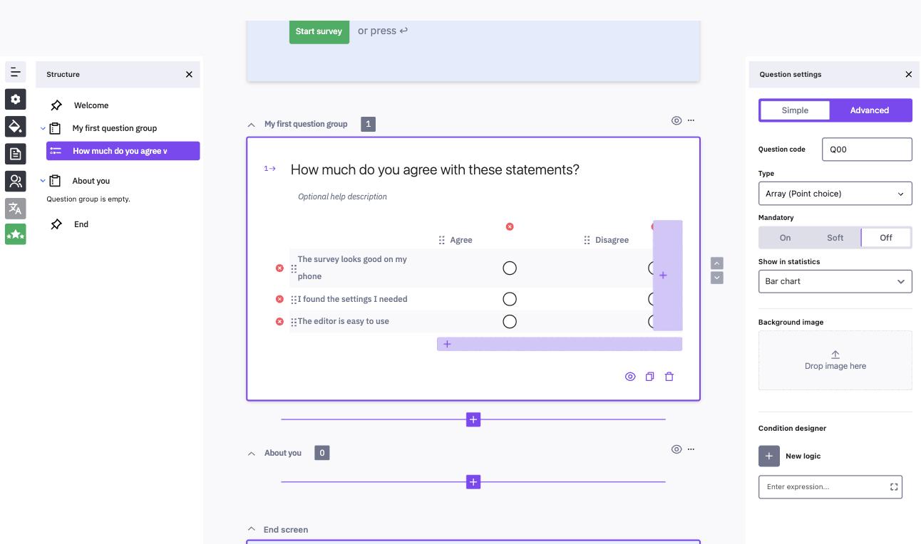 An array question in the editorial area with three subquestion rows, two answer option columns and the purple plus controls for adding more