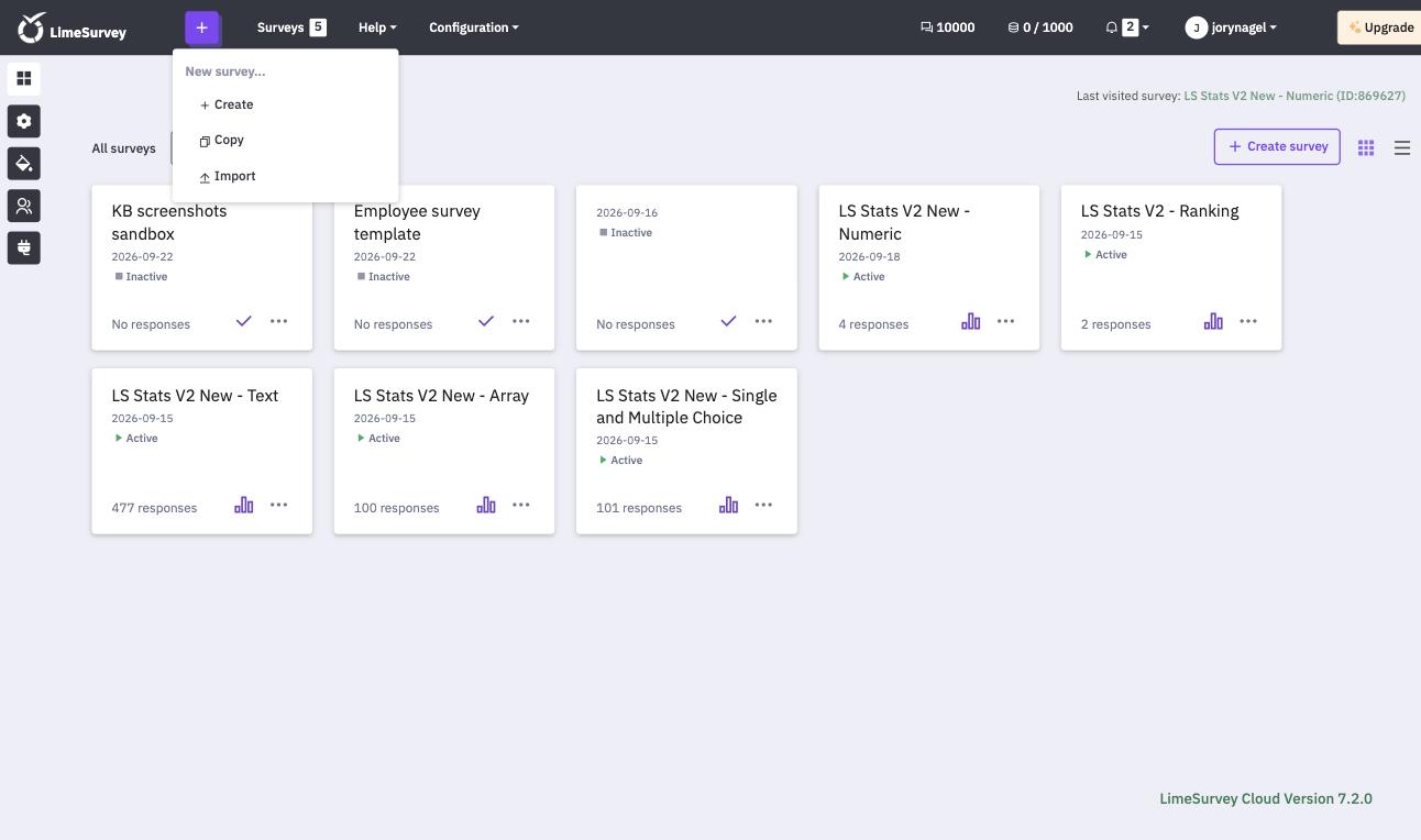 The workspace with the New survey menu open, showing Create, Copy and Import