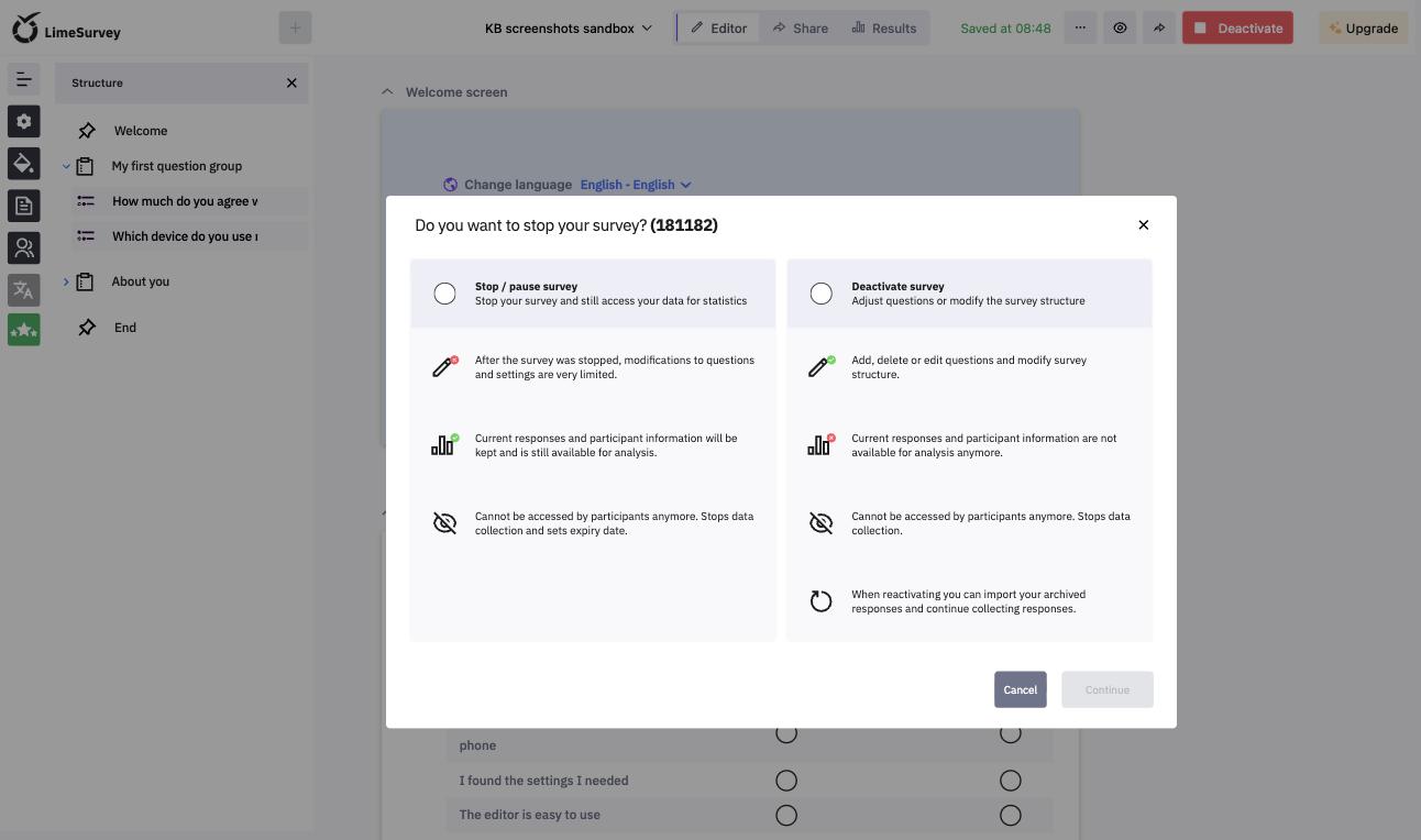 The stop dialog with the two options Stop or pause survey and Deactivate survey