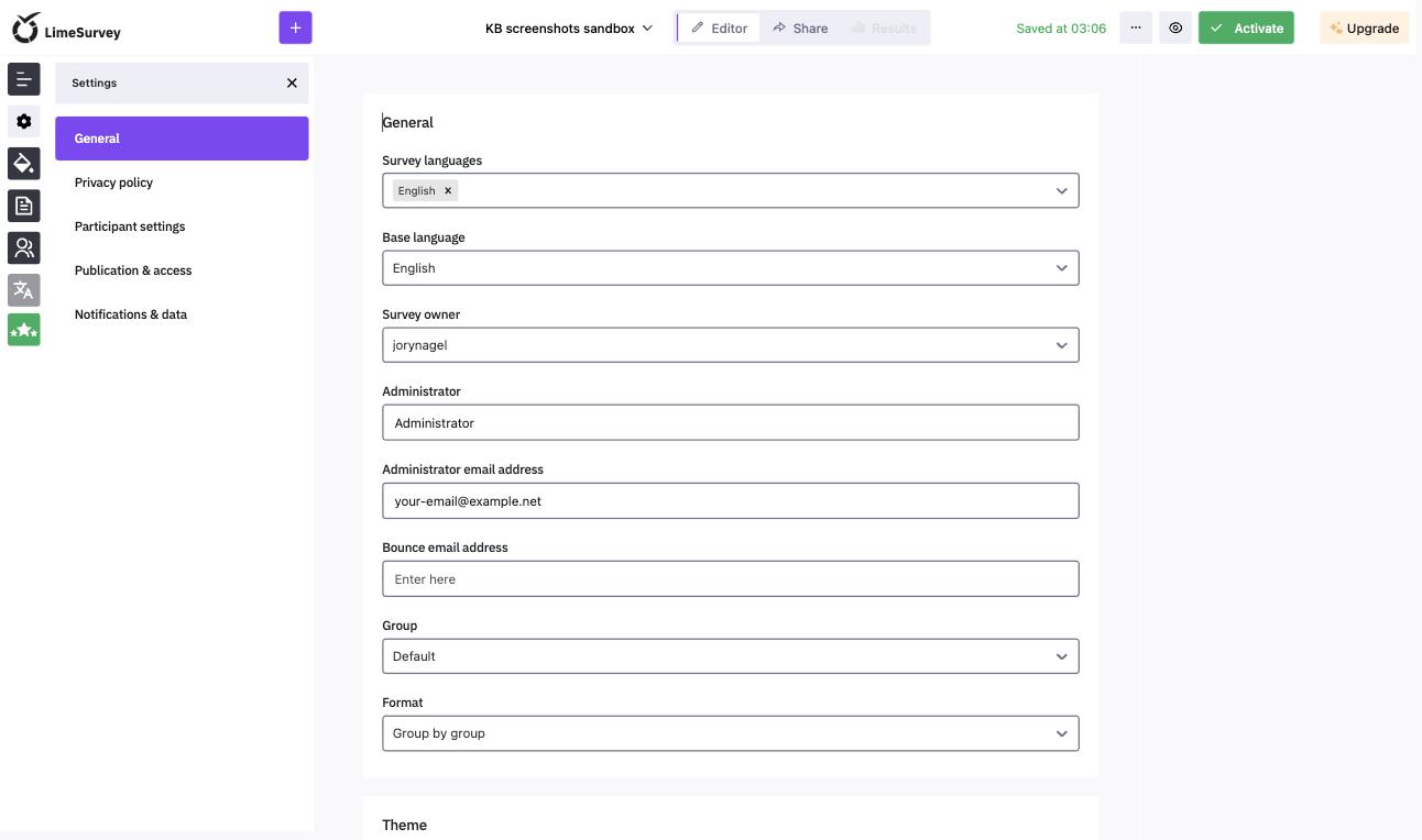 The Settings panel, General tab, for a new survey
