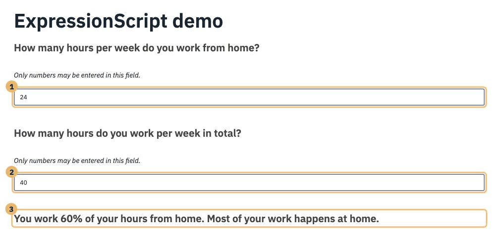 The survey preview with three areas numbered 1 to 3, the two answers and the sentence with the calculated share