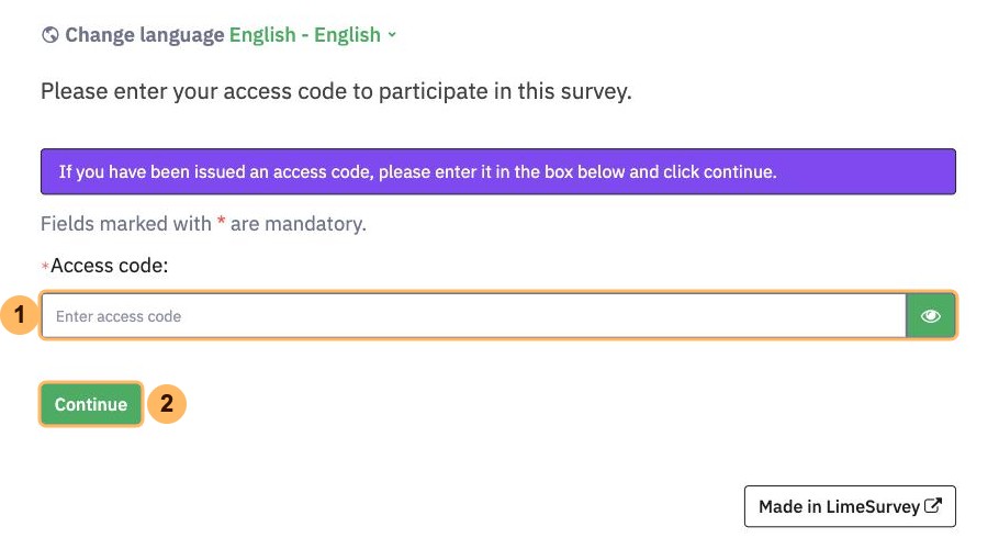 The page that asks participants for their access code, with the access code field numbered 1 and Continue numbered 2
