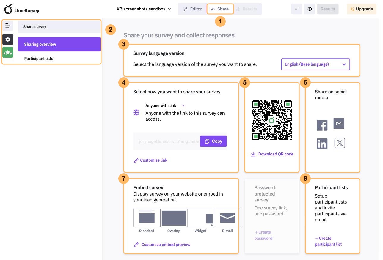 The Share page with eight areas numbered 1 to 8, from the Share tab to the Participant lists card