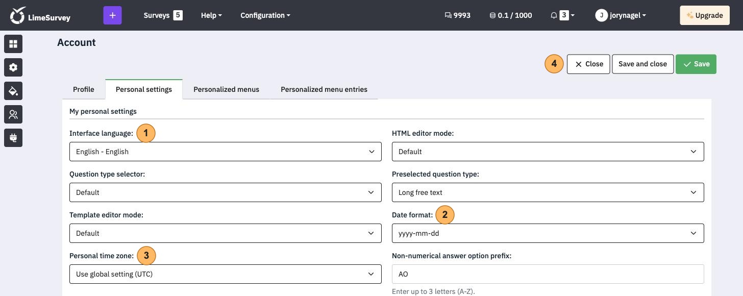 The Personal settings tab with four areas numbered 1 to 4, Interface language, Date format, Personal time zone and the Save buttons