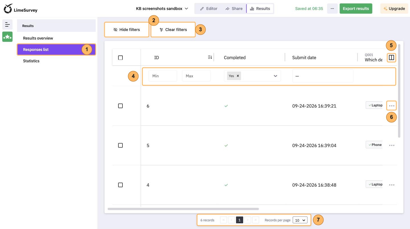The responses list with filters shown and seven areas numbered 1 to 7, from Responses list to the page navigation