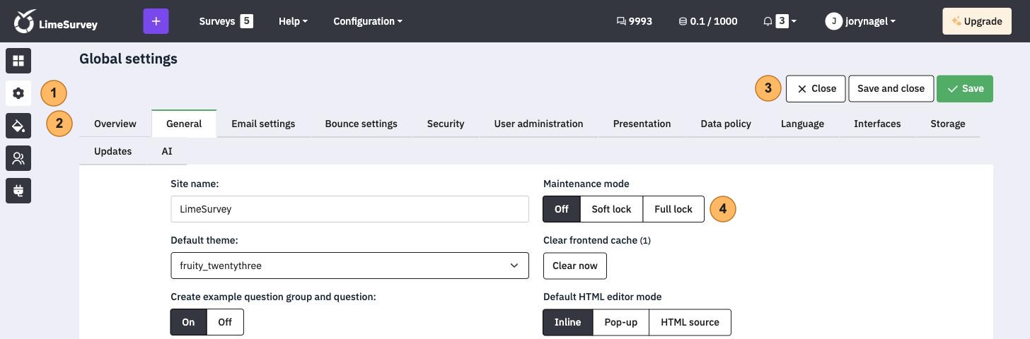 Global settings on the General tab with four areas numbered 1 to 4, the gear icon in the sidebar, the tabs, the Save buttons and Maintenance mode