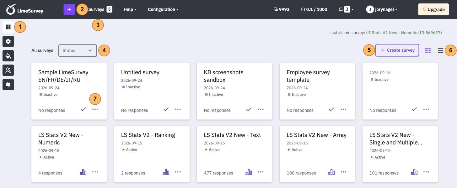 The workspace in card view with seven areas numbered 1 to 7, from the Dashboard icon to the menu of a survey card