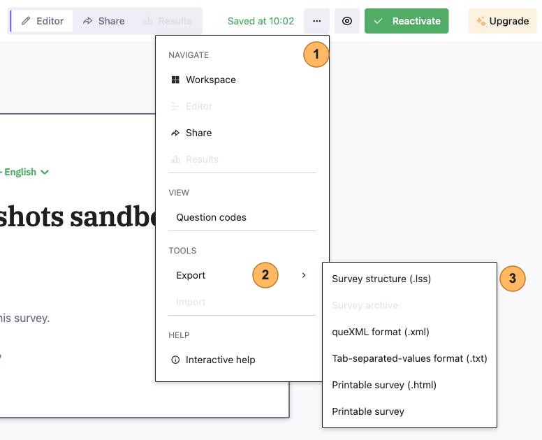 The menu of the editor with three areas numbered 1 to 3, the menu button, Export and the list of export formats