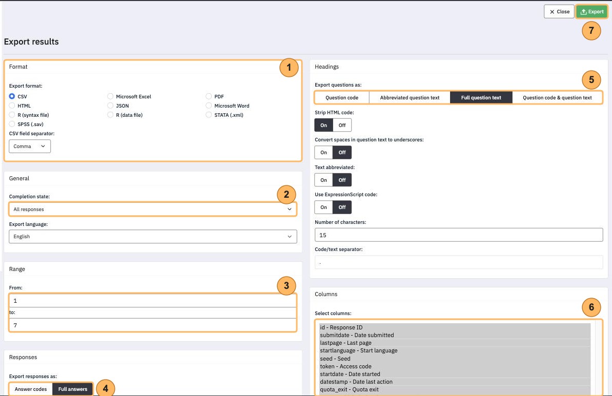 The Export results page with seven areas numbered 1 to 7, from the export format to Export
