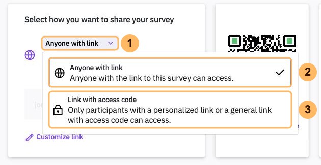 The access mode menu open with three areas numbered 1 to 3, the menu and the options Anyone with link and Link with access code
