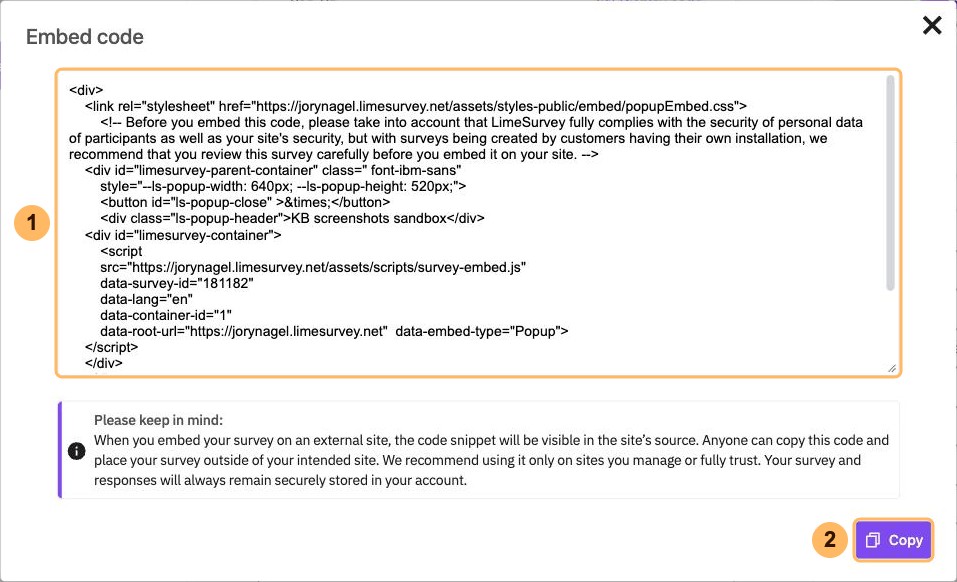 The Embed code dialog with the code numbered 1 and Copy numbered 2