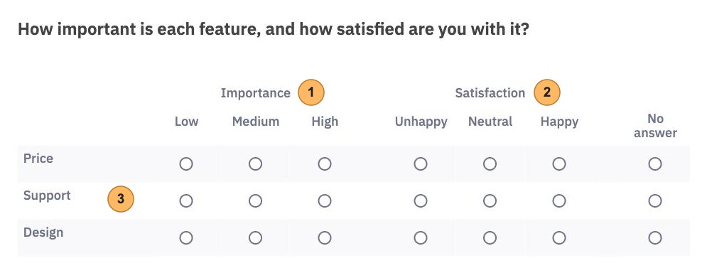 An Array dual scale question as participants see it, with three areas numbered 1 to 3, the scales Importance and Satisfaction and three features as rows