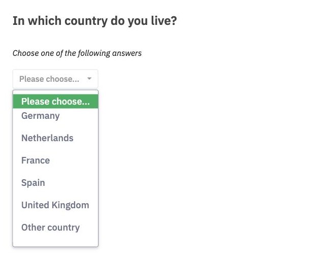 A Dropdown question as participants see it, opened, with Please choose and a list of countries