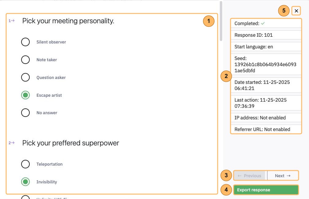 The details of one response with five areas numbered 1 to 5, from the answers to the close button