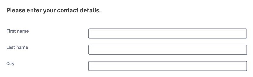 A Multiple short text question as participants see it, with the fields First name, Last name and City