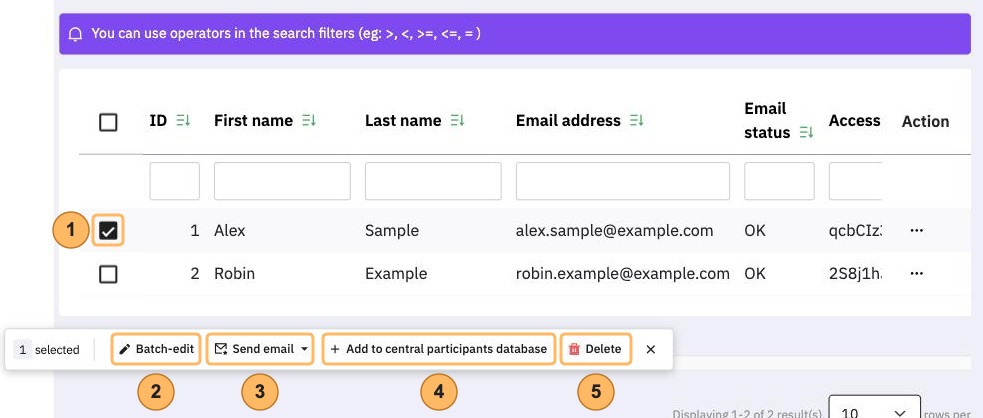 The participant list with one participant selected and the bar below it, five areas numbered 1 to 5, from the checkbox to Delete