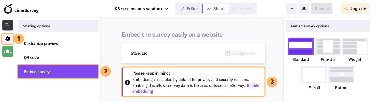 The Embed survey page with embedding turned off and three areas numbered 1 to 3, the gear, Embed survey and the message with Enable embedding